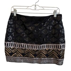Express Black Sequin Mini Skirt Diamond Chevron Party Cocktail Glam‎ Size S